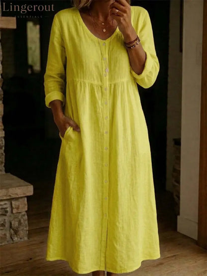 Women Plain Spring/Fall Dress Long Sleeve A-Line Dress - Yellow / S