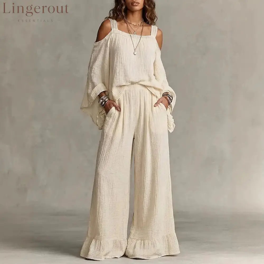 Women Solid Textured Cold Shoulder Batwing Top Elastic Waist Ruffle Wide Leg Pants Matching Set