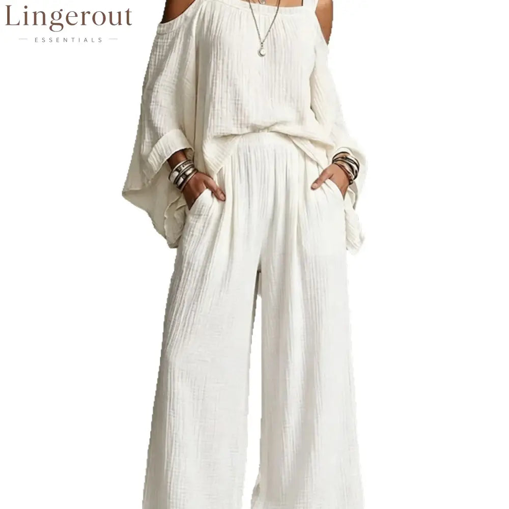 Women Solid Textured Cold Shoulder Batwing Top Elastic Waist Ruffle Wide Leg Pants Matching Set