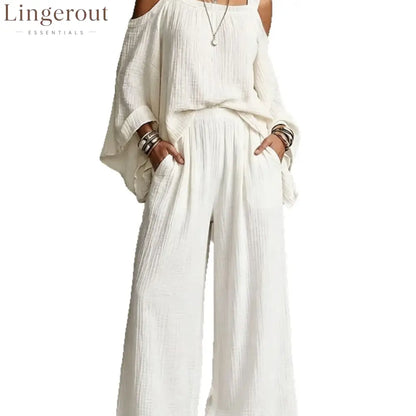 Women Solid Textured Cold Shoulder Batwing Top Elastic Waist Ruffle Wide Leg Pants Matching Set