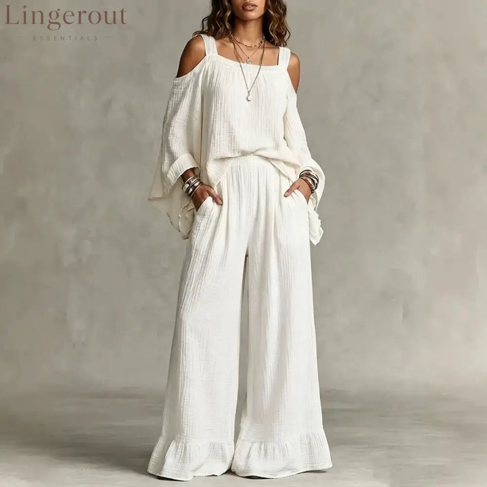 Women Solid Textured Cold Shoulder Batwing Top Elastic Waist Ruffle Wide Leg Pants Matching Set