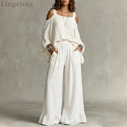 Women Solid Textured Cold Shoulder Batwing Top Elastic Waist Ruffle Wide Leg Pants Matching Set