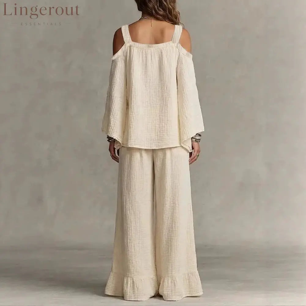 Women Solid Textured Cold Shoulder Batwing Top Elastic Waist Ruffle Wide Leg Pants Matching Set