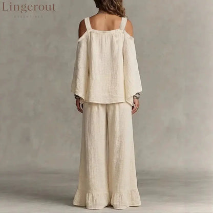 Women Solid Textured Cold Shoulder Batwing Top Elastic Waist Ruffle Wide Leg Pants Matching Set