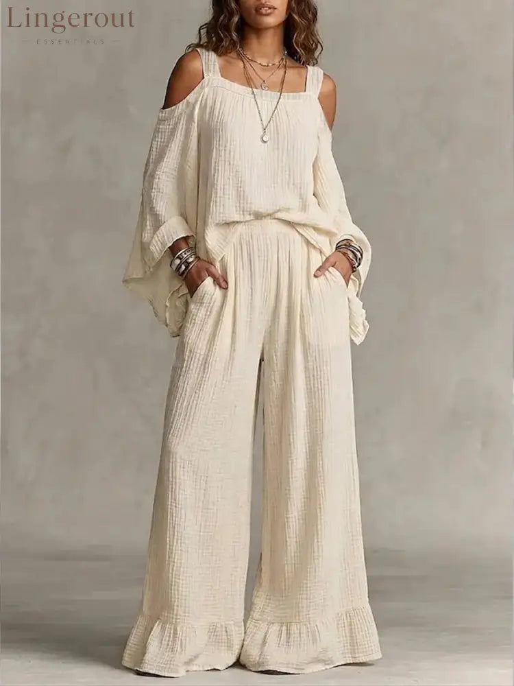 Women Solid Textured Cold Shoulder Batwing Top Elastic Waist Ruffle Wide Leg Pants Matching Set - Apricot / S