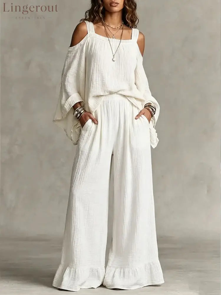 Women Solid Textured Cold Shoulder Batwing Top Elastic Waist Ruffle Wide Leg Pants Matching Set - White / S