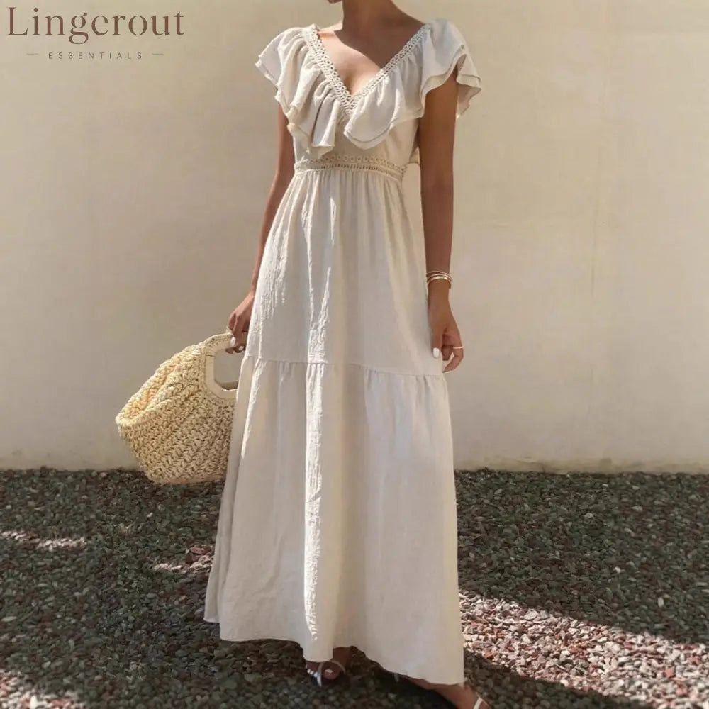 Women Solid V Neck Flutter Sleeve Loose Tiered Flowy Maxi Dress For Summer Vacation