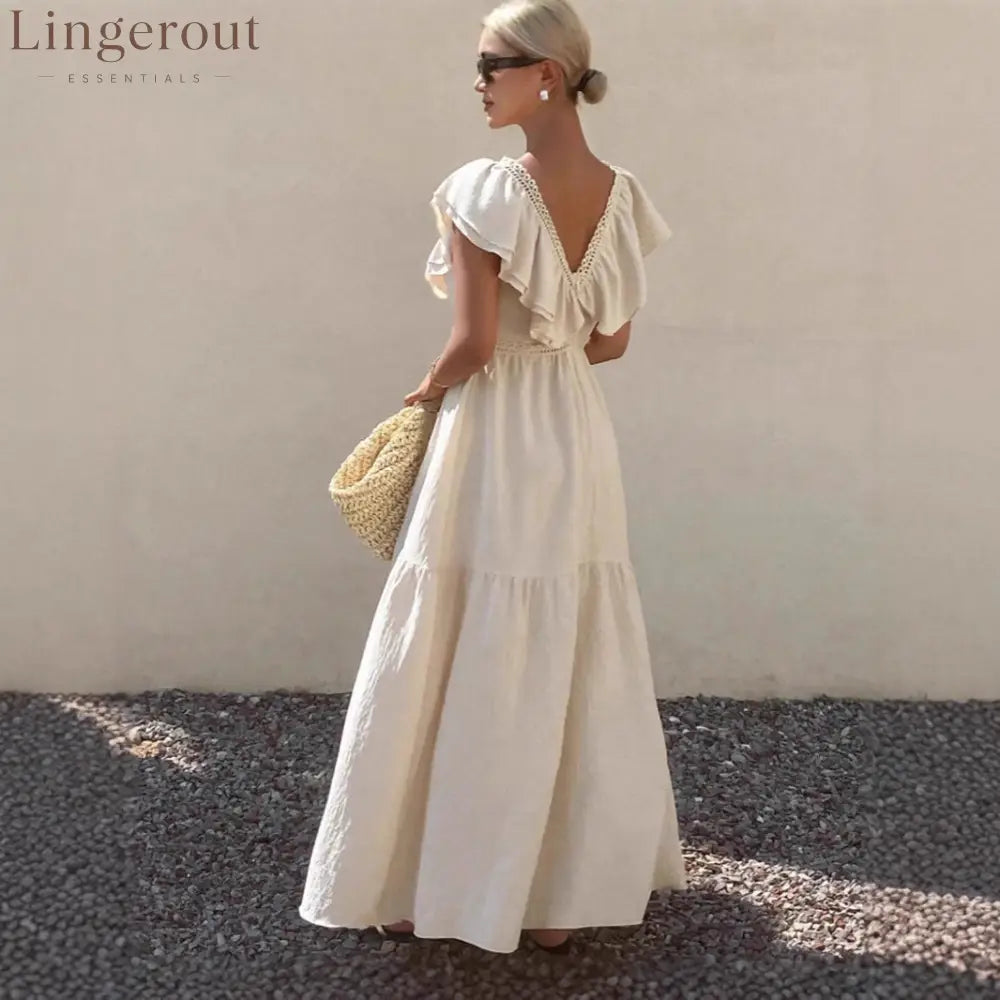 Women Solid V Neck Flutter Sleeve Loose Tiered Flowy Maxi Dress For Summer Vacation