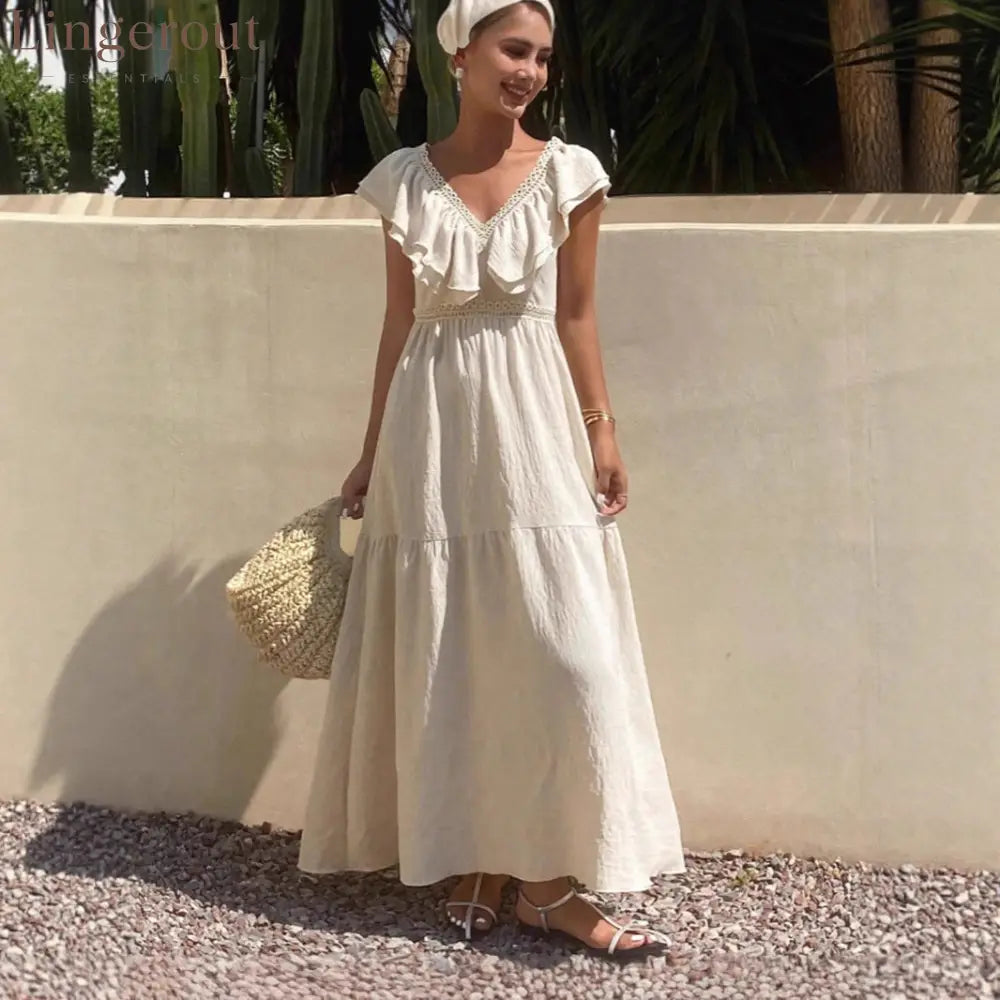 Women Solid V Neck Flutter Sleeve Loose Tiered Flowy Maxi Dress For Summer Vacation
