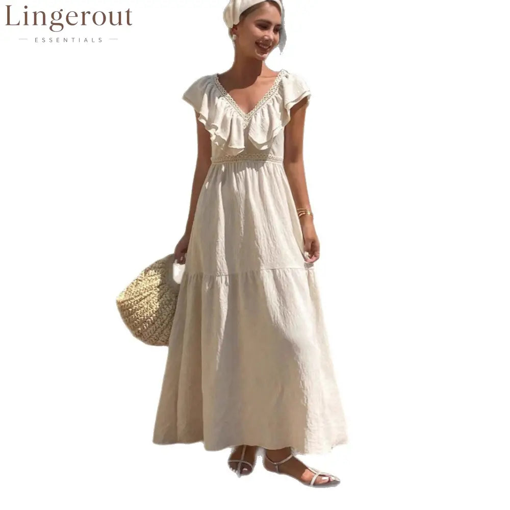 Women Solid V Neck Flutter Sleeve Loose Tiered Flowy Maxi Dress For Summer Vacation