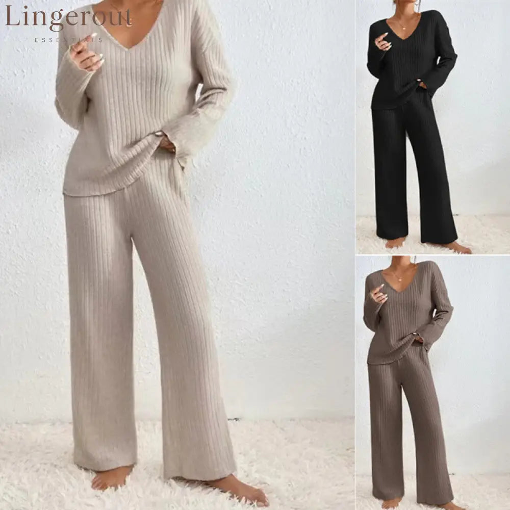 Women Solid V Neck Vertical Ribbed Knit Long Sleeve Relaxed Top Elastic Waist Wide Leg Casual Loungewear Co-ord Set