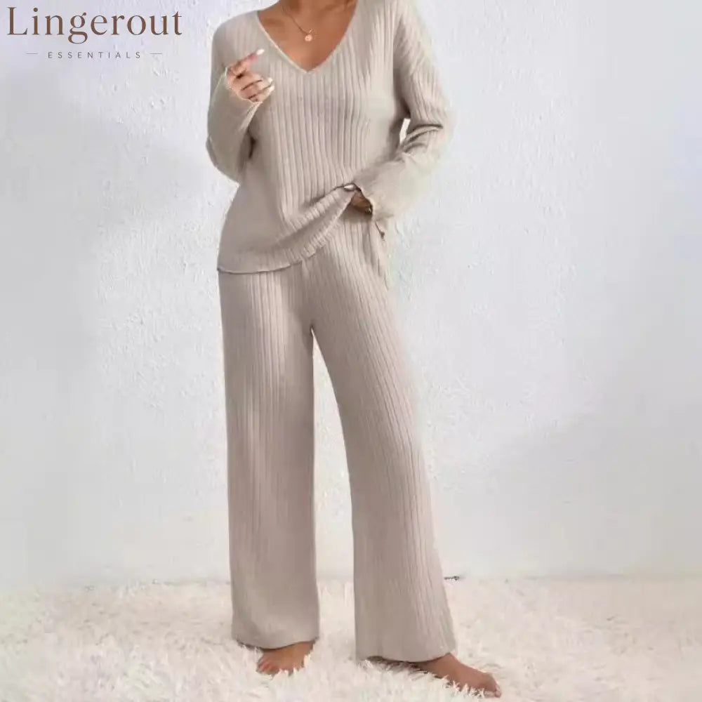 Women Solid V Neck Vertical Ribbed Knit Long Sleeve Relaxed Top Elastic Waist Wide Leg Casual Loungewear Co-ord Set