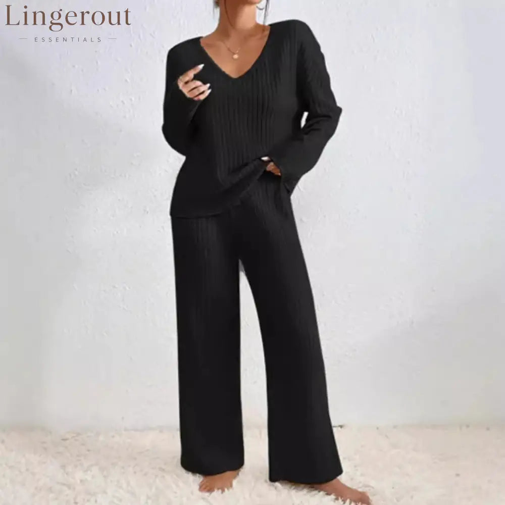 Women Solid V Neck Vertical Ribbed Knit Long Sleeve Relaxed Top Elastic Waist Wide Leg Casual Loungewear Co-ord Set