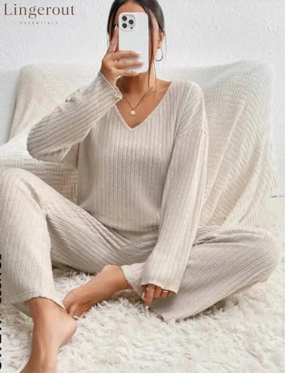 Women Solid V Neck Vertical Ribbed Knit Long Sleeve Relaxed Top Elastic Waist Wide Leg Casual Loungewear Co-ord Set