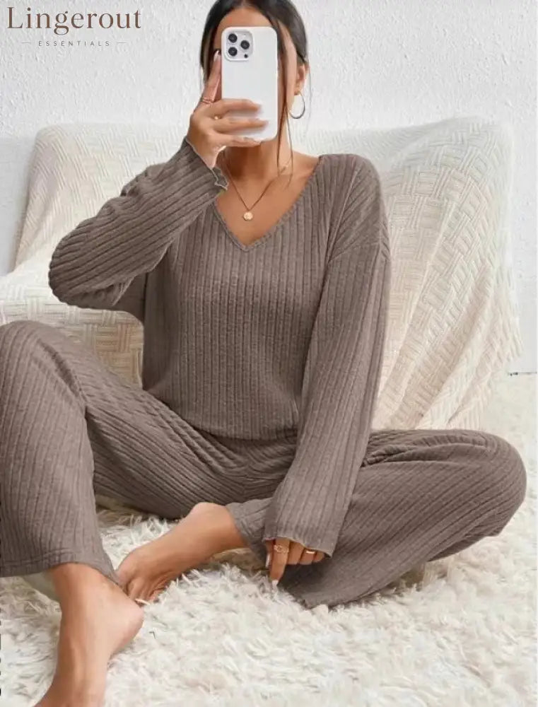 Women Solid V Neck Vertical Ribbed Knit Long Sleeve Relaxed Top Elastic Waist Wide Leg Casual Loungewear Co-ord Set