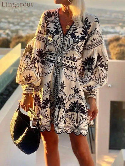 Women Vintage Printed Beach Dresses - black / S
