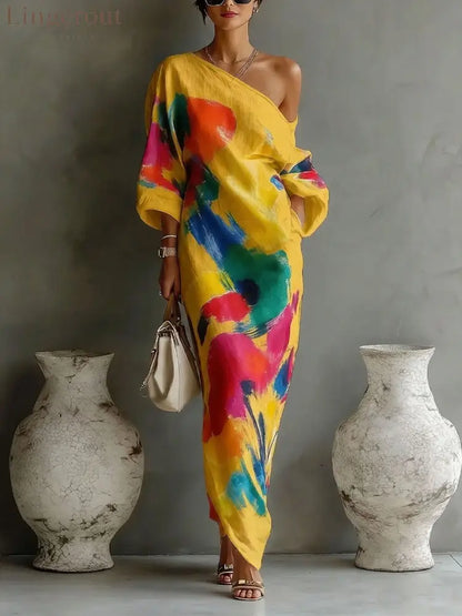 Women’s Artistic Print One-shoulder Maxi Dress