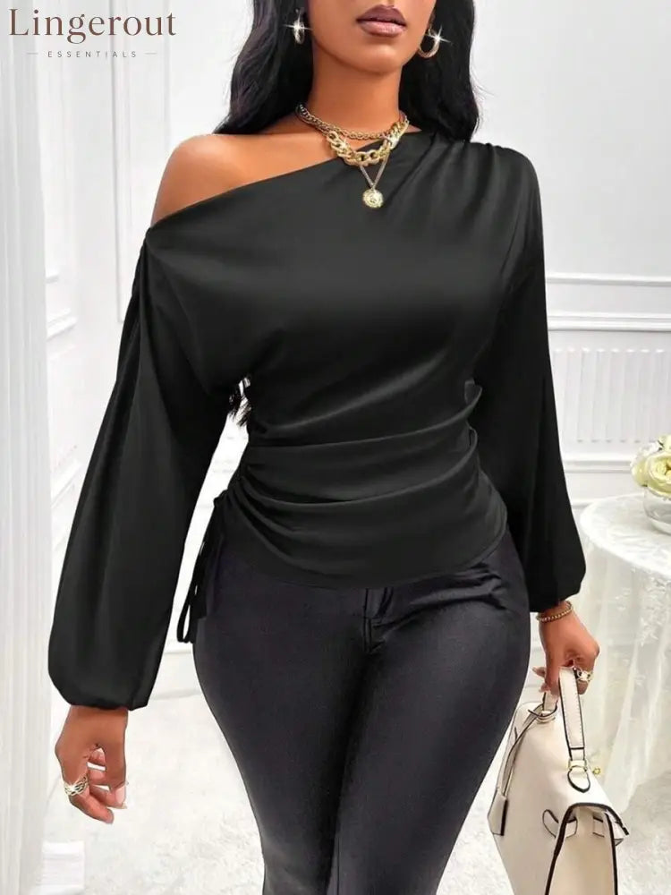 Women’s Asymmetrical Long-Sleeved Satin Blouse with Slanted Collar - Black / S
