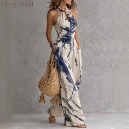 Women’s Beige Abstract Print Halter Wide-Leg Jumpsuit