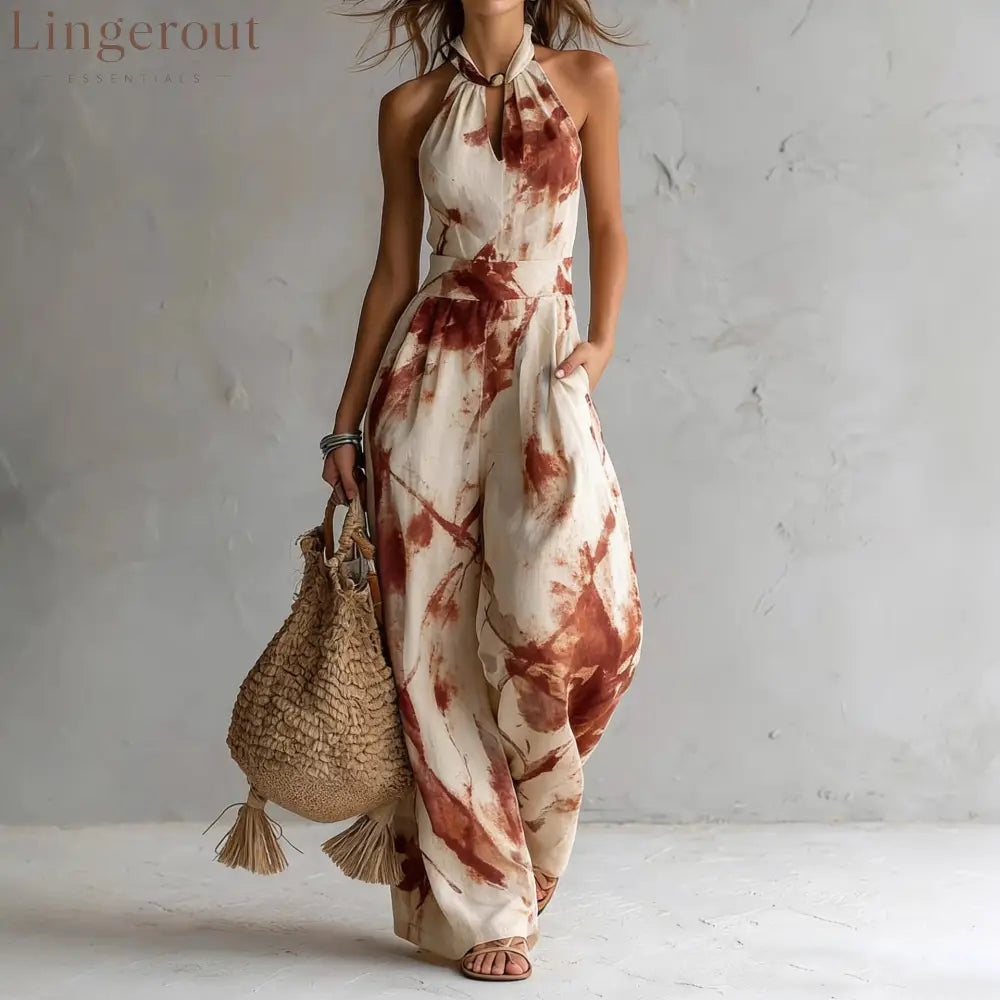 Women’s Beige Abstract Print Halter Wide-Leg Jumpsuit - Amber / S