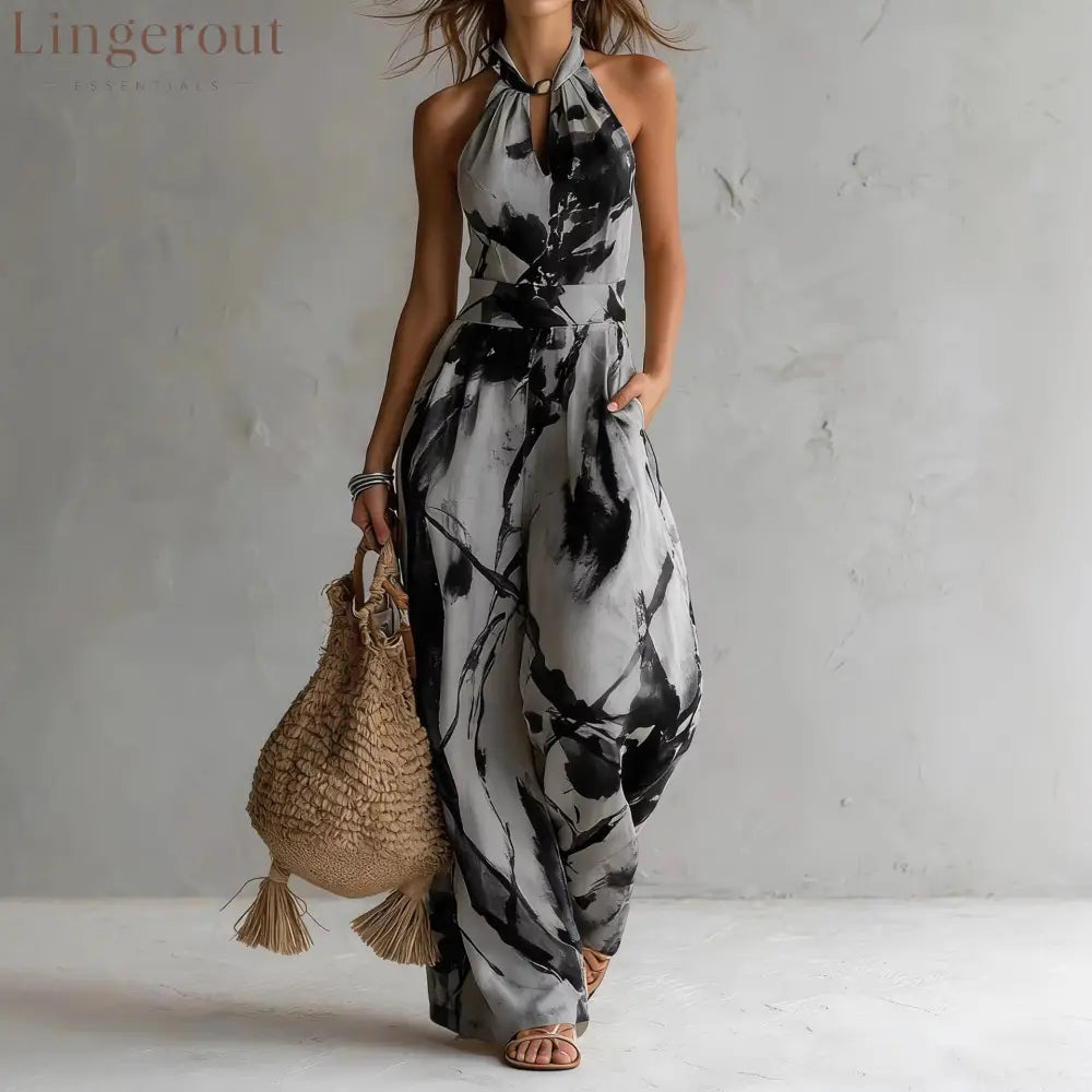 Women’s Beige Abstract Print Halter Wide-Leg Jumpsuit - Graphite color / S