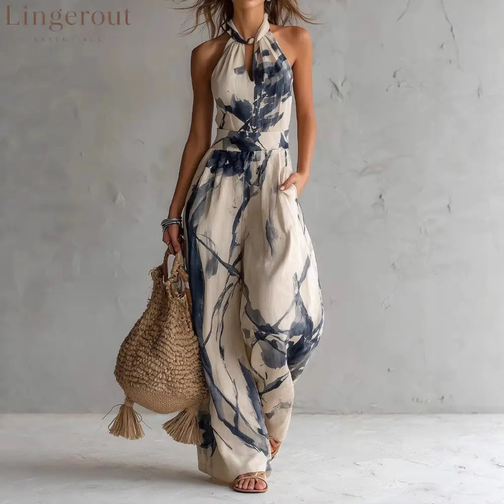 Women’s Beige Abstract Print Halter Wide-Leg Jumpsuit - Navy blue / S