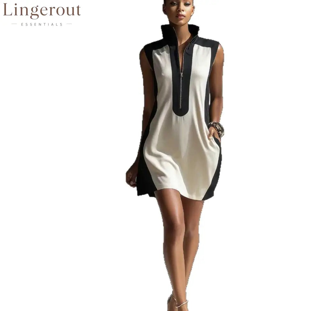 Women’s Black & White Color-Block Mini Dress With Stand Collar