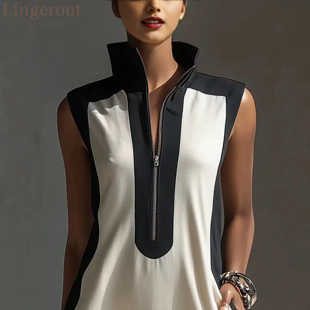 Women’s Black & White Color-Block Mini Dress With Stand Collar