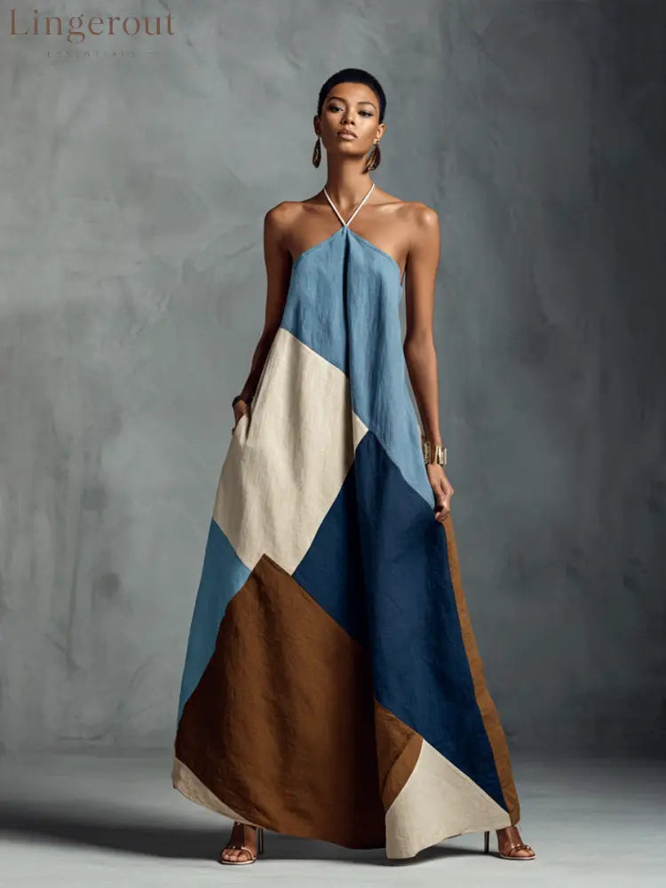 Women’s Bohemian Multi-color Cotton Linen Blend Patchwork Halter Maxi Dress