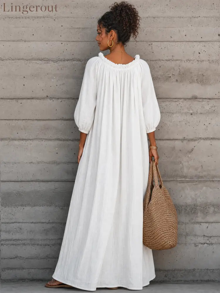 Women’s Breezy Cotton-linen Maxi Dress With Lettuce-edge V-neck, perfect For Vacation