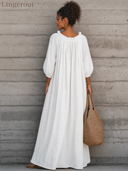 Women’s Breezy Cotton-linen Maxi Dress With Lettuce-edge V-neck, perfect For Vacation