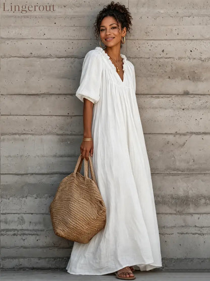 Women’s Breezy Cotton-linen Maxi Dress With Lettuce-edge V-neck, perfect For Vacation