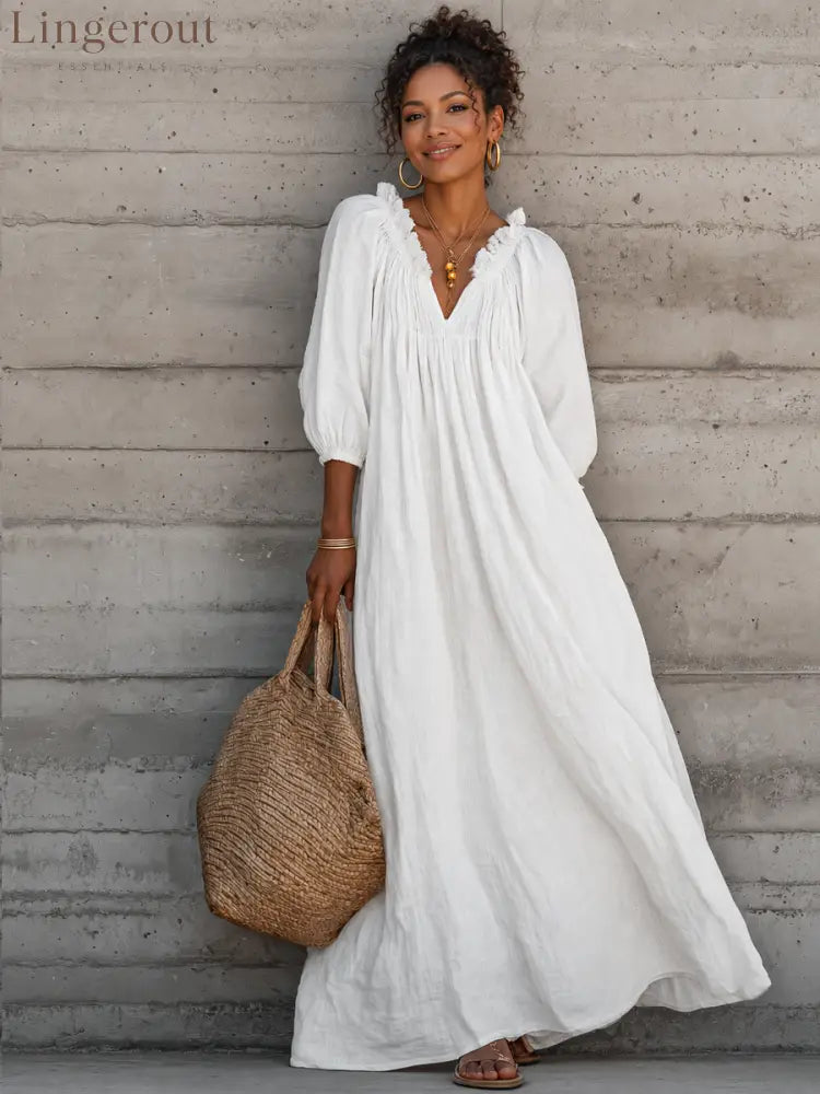 Women’s Breezy Cotton-linen Maxi Dress With Lettuce-edge V-neck, perfect For Vacation