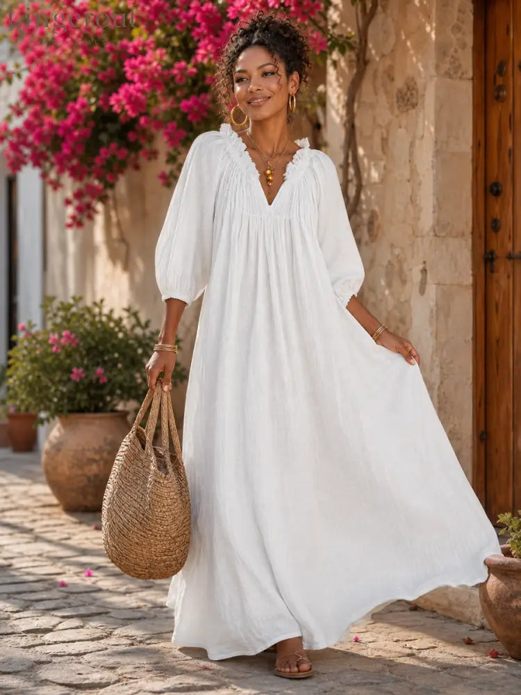 Women’s Breezy Cotton-linen Maxi Dress With Lettuce-edge V-neck, perfect For Vacation