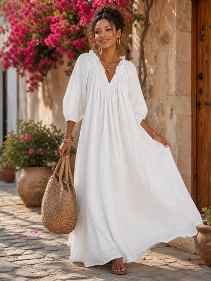 Women’s Breezy Cotton-linen Maxi Dress With Lettuce-edge V-neck, perfect For Vacation
