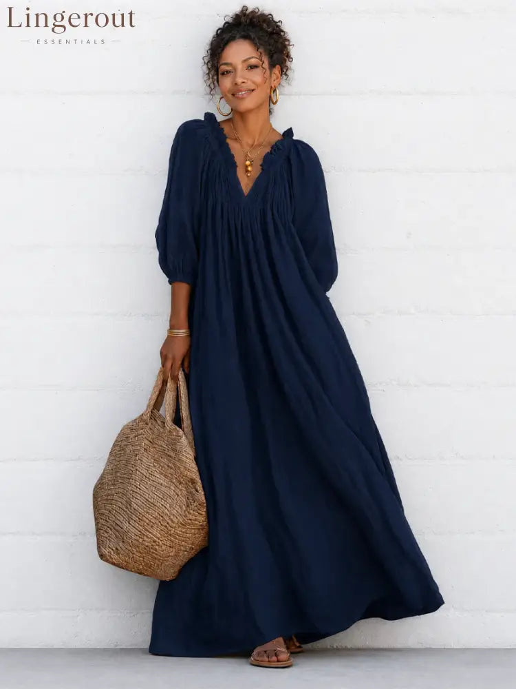 Women’s Breezy Cotton-linen Maxi Dress With Lettuce-edge V-neck, perfect For Vacation - Navy / XS