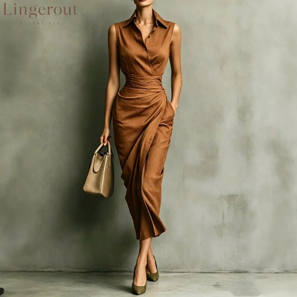Women’s Burgundy Sleeveless Wrap Shirt Midi Dress - Elegant Office & Evening Wear - Amber / S
