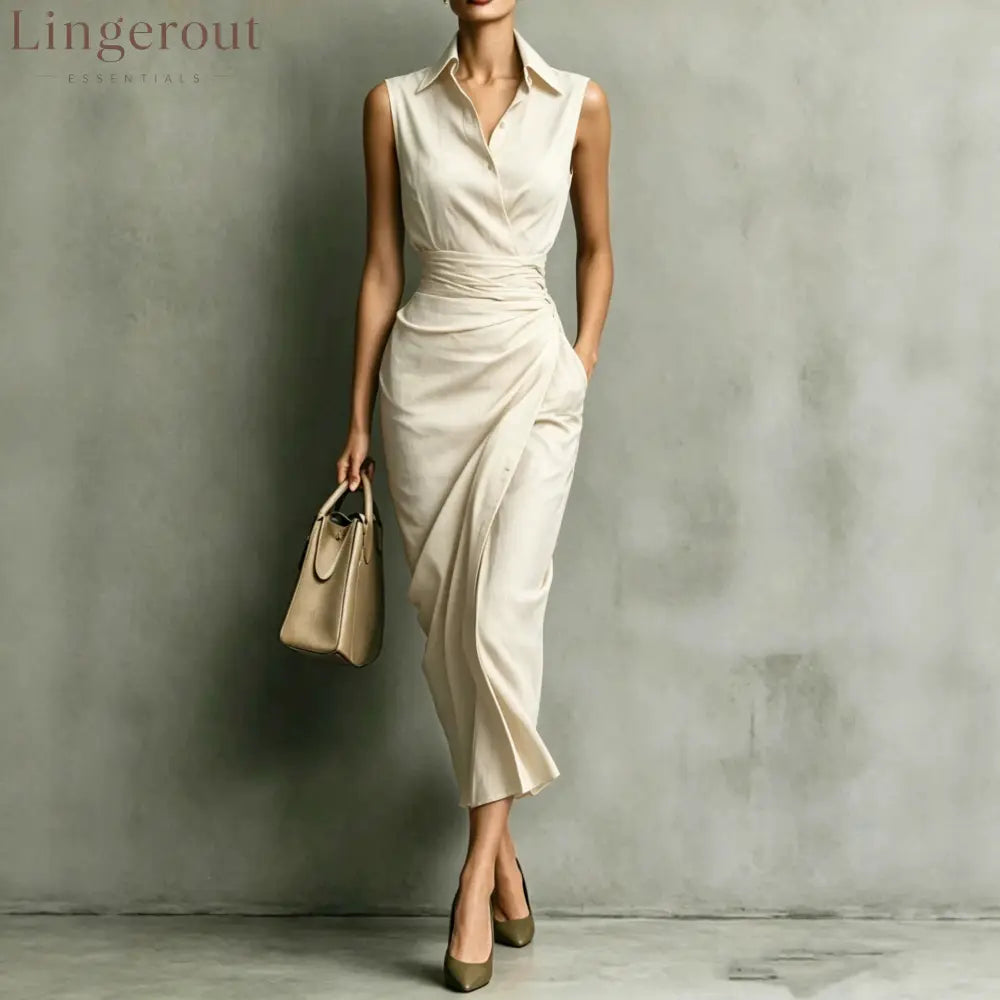 Women’s Burgundy Sleeveless Wrap Shirt Midi Dress - Elegant Office & Evening Wear - Milky / S