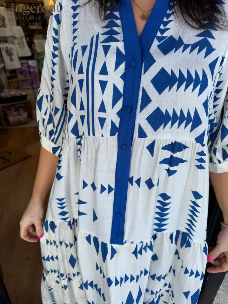 Women’s Button V Neck Geometric Print Dress