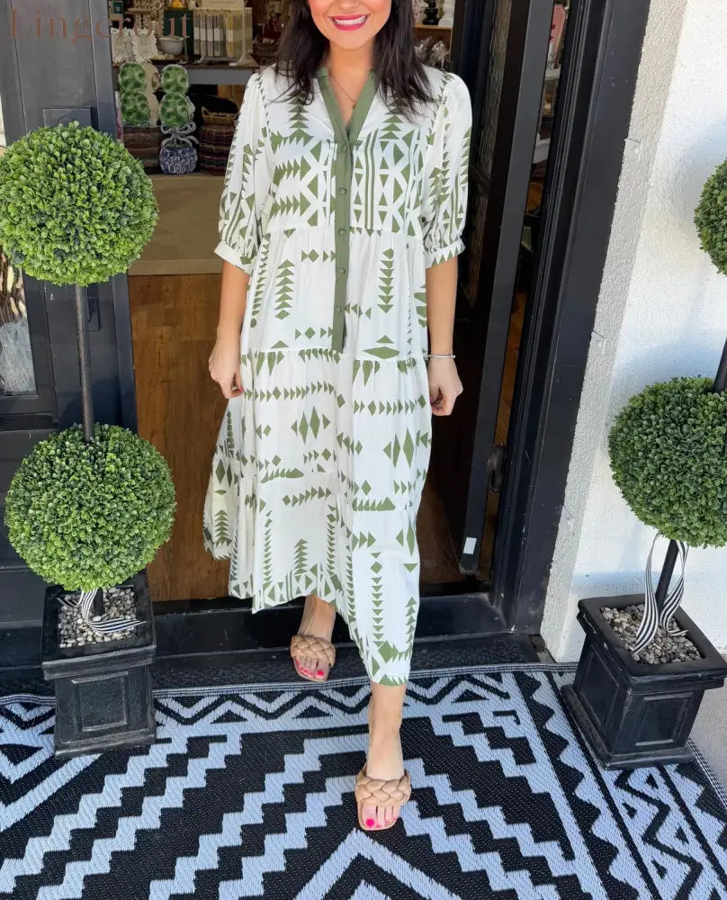 Women’s Button V Neck Geometric Print Dress - Green / S