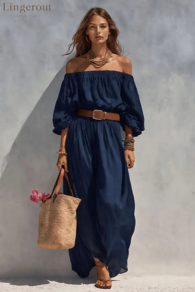 Women’s Casual Beige Woven Off-Shoulder Long-Sleeve Maxi Dress (with Belt) - Navy Blue / S
