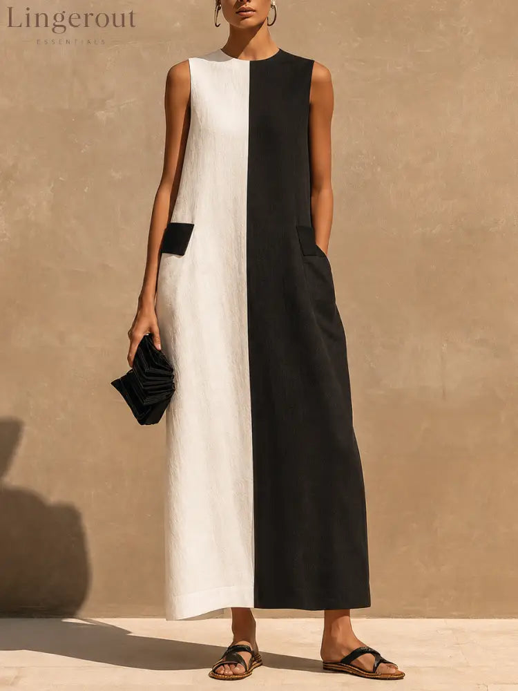 Women’s Casual Cotton-Linen Color-Block Maxi Dress - White / XS - Dress