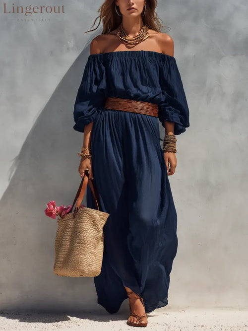 Women’s Casual Dark Blue Cotton Linen Strapless Long-sleeved Dress (belt Not Included) - Dark Blue / XS