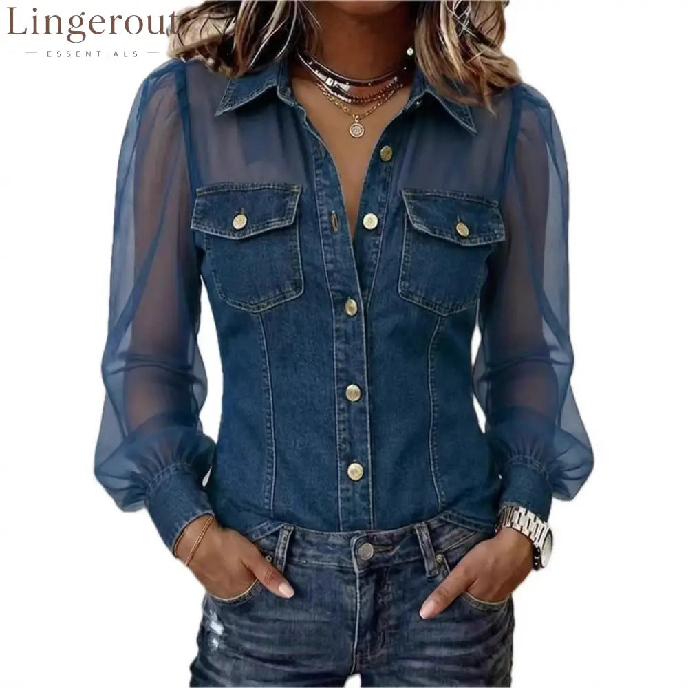 Women’s Casual Denim Patchwork Chiffon See Through Button Pocket Long Sleeve Blouse