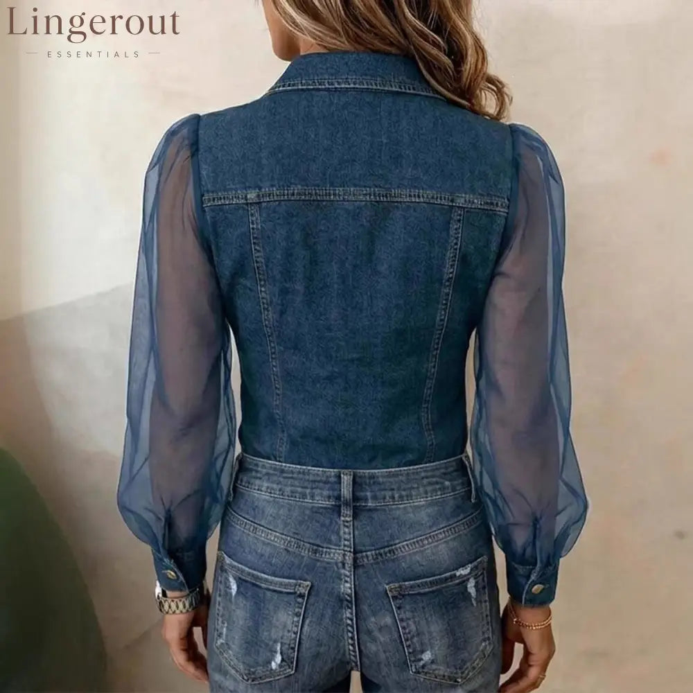 Women’s Casual Denim Patchwork Chiffon See Through Button Pocket Long Sleeve Blouse