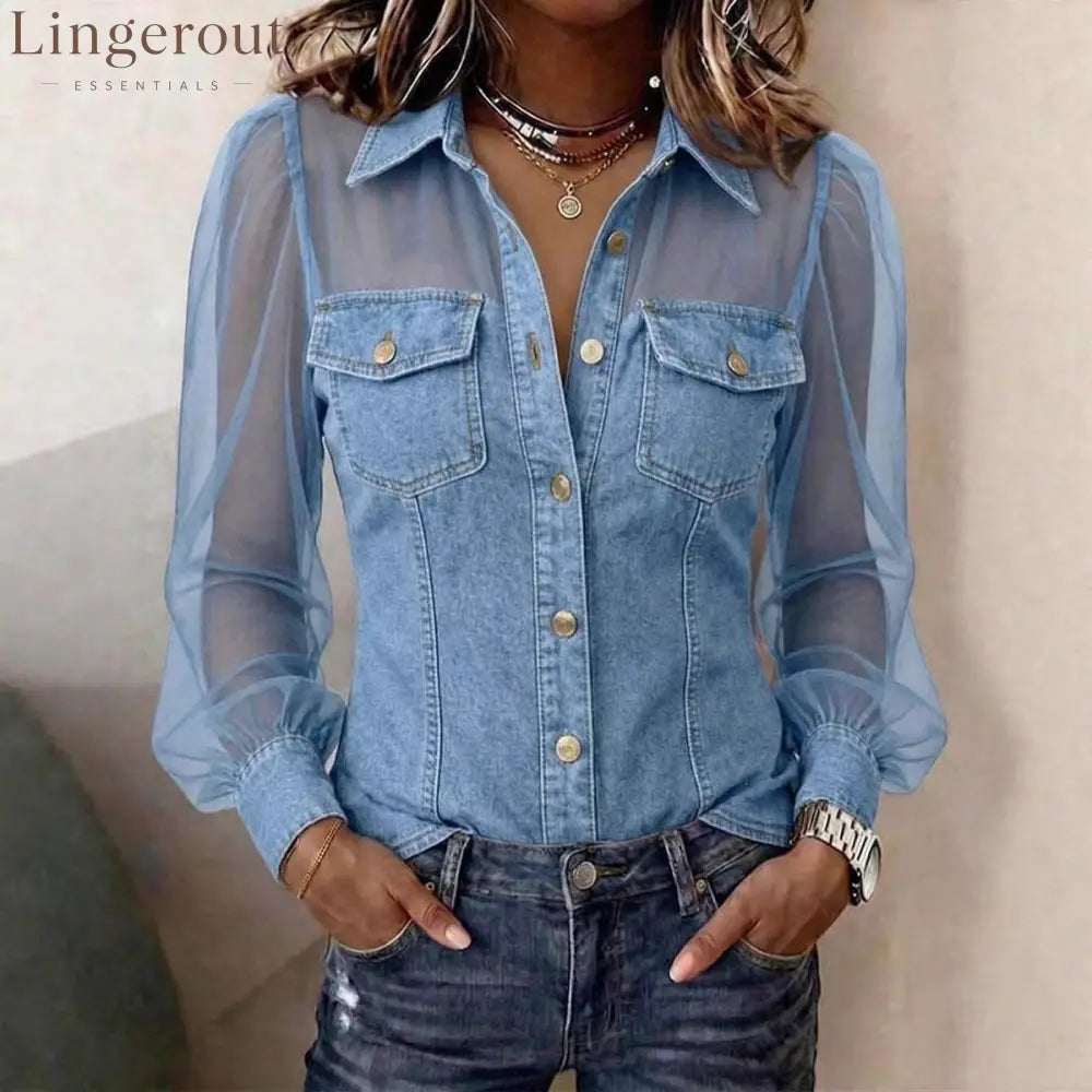 Women’s Casual Denim Patchwork Chiffon See Through Button Pocket Long Sleeve Blouse