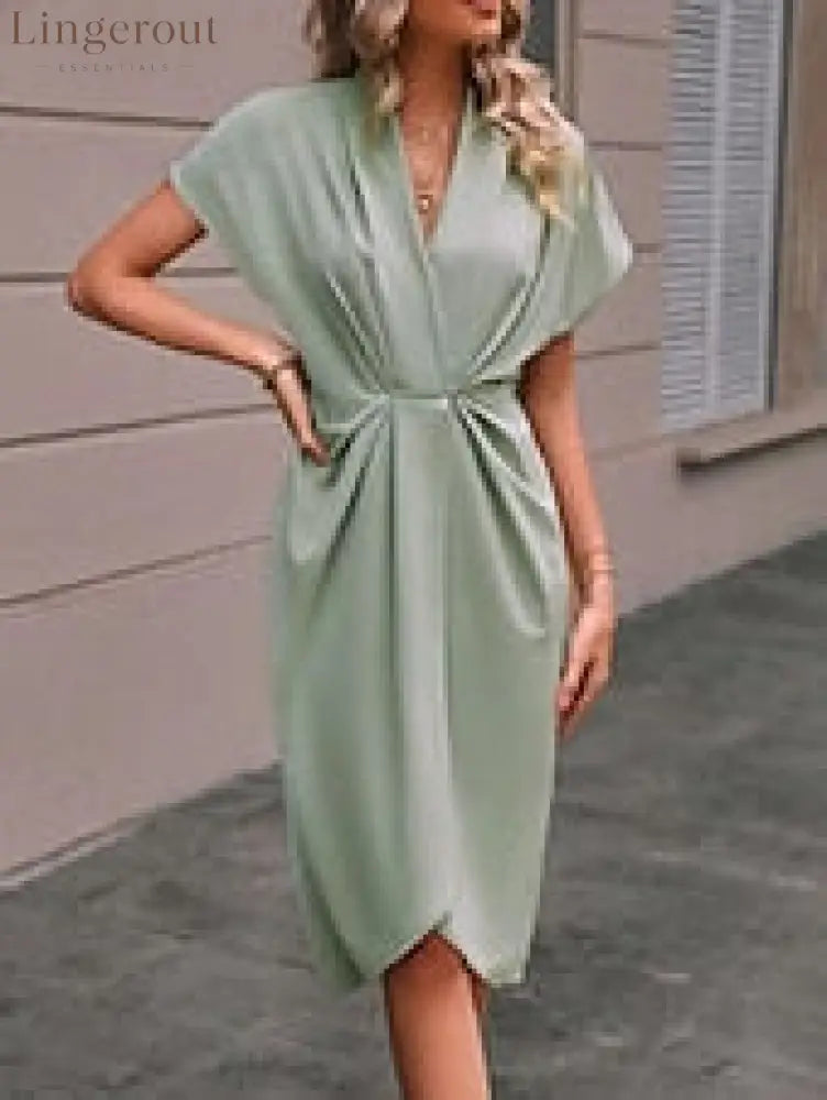 Women’s Casual Dress Midi Dress Ruched Date Vacation Streetwear Basic V Neck Short Sleeve Black Pink Dark Green Color