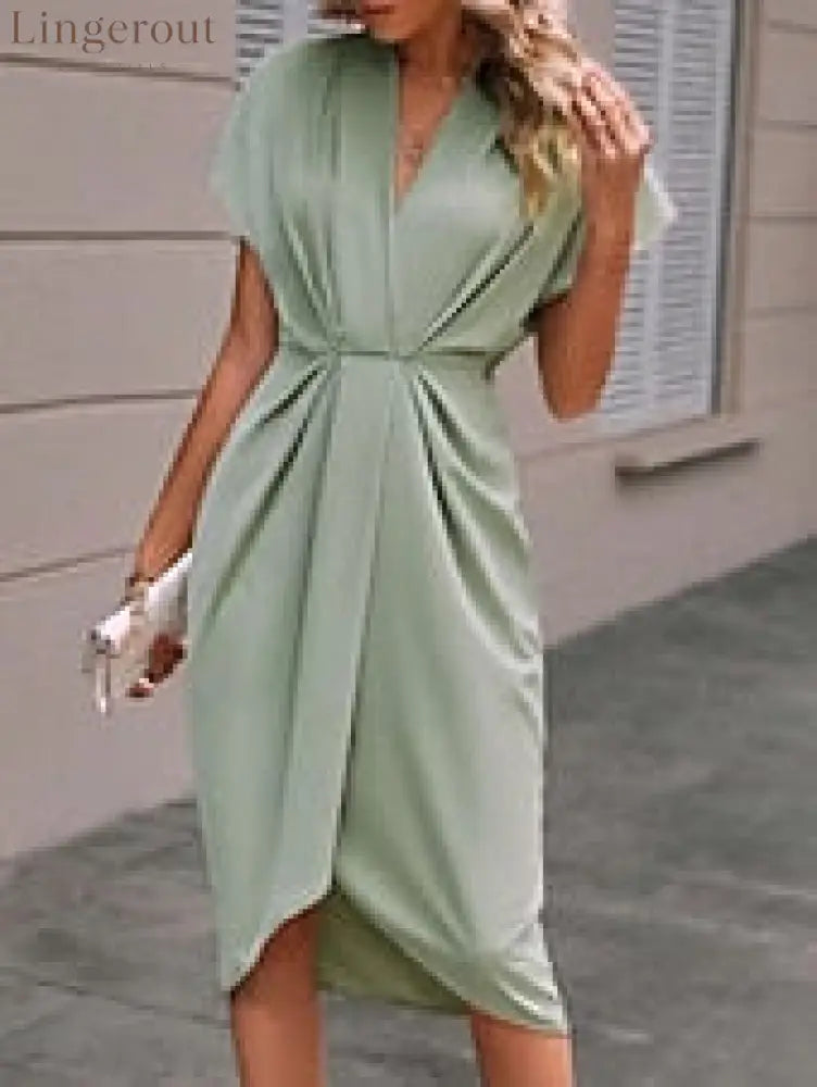 Women’s Casual Dress Midi Dress Ruched Date Vacation Streetwear Basic V Neck Short Sleeve Black Pink Dark Green Color