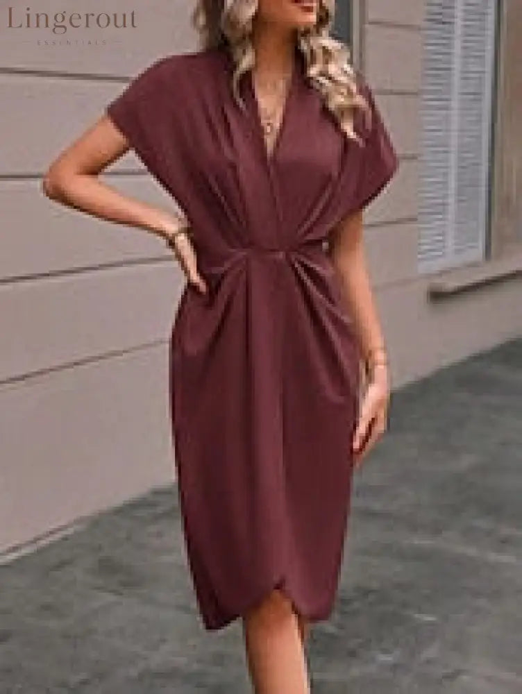 Women’s Casual Dress Midi Dress Ruched Date Vacation Streetwear Basic V Neck Short Sleeve Black Pink Dark Green Color