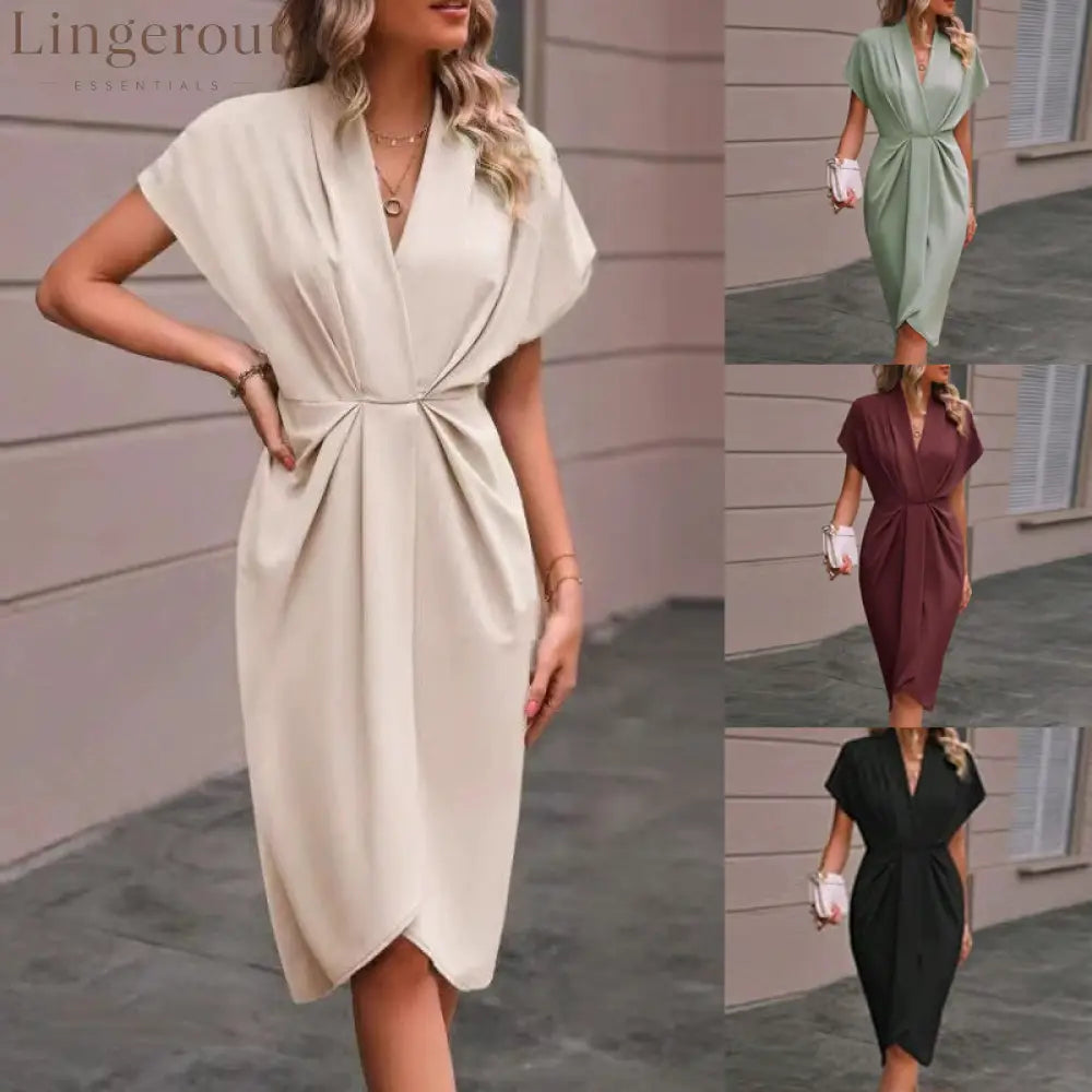 Women’s Casual Dress Midi Dress Ruched Date Vacation Streetwear Basic V Neck Short Sleeve Black Pink Dark Green Color